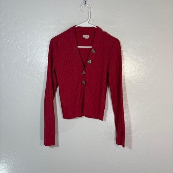 Pilcro Cardigan Sweater Womens Small Red Ribbed Asymmetric Button V Neck Knit - Picture 1 of 7
